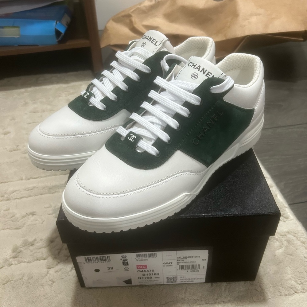 CHANEL Women's White and Dark Green Sneakers